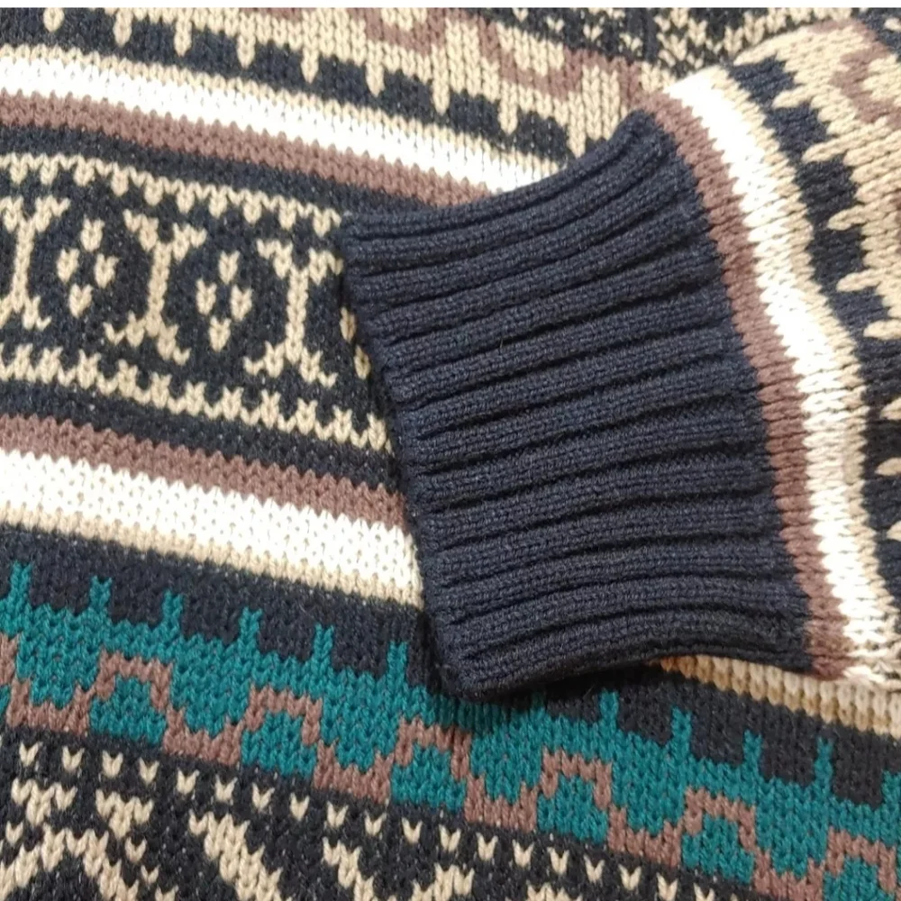 Vtg Impact Sweater Men XL Leather Patches Geometric Eclectic Grampa Ski Crewneck